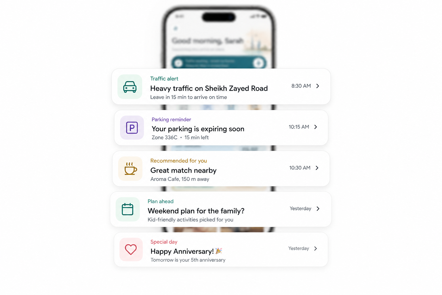 Proactive notifications: traffic alert, parking reminder, nearby recommendation, weekend plan and anniversary reminder