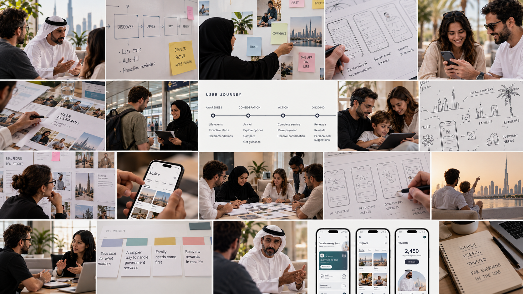 Research and co-creation: interviews with residents, user journey, key insights, sketches and early app screens