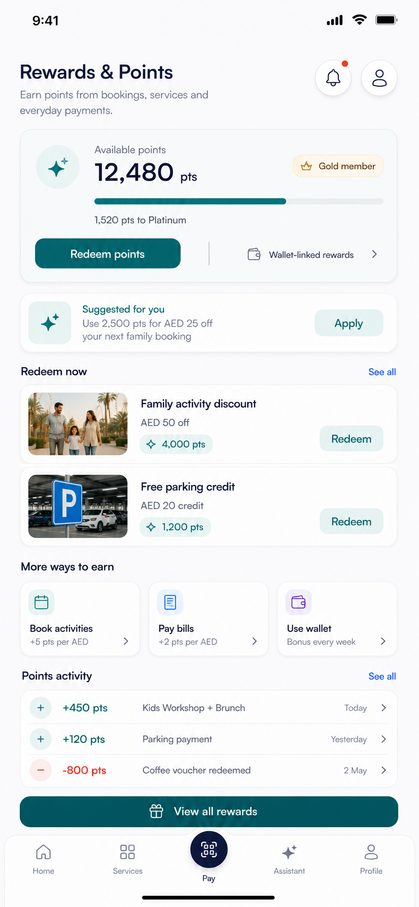 Rewards and points screen